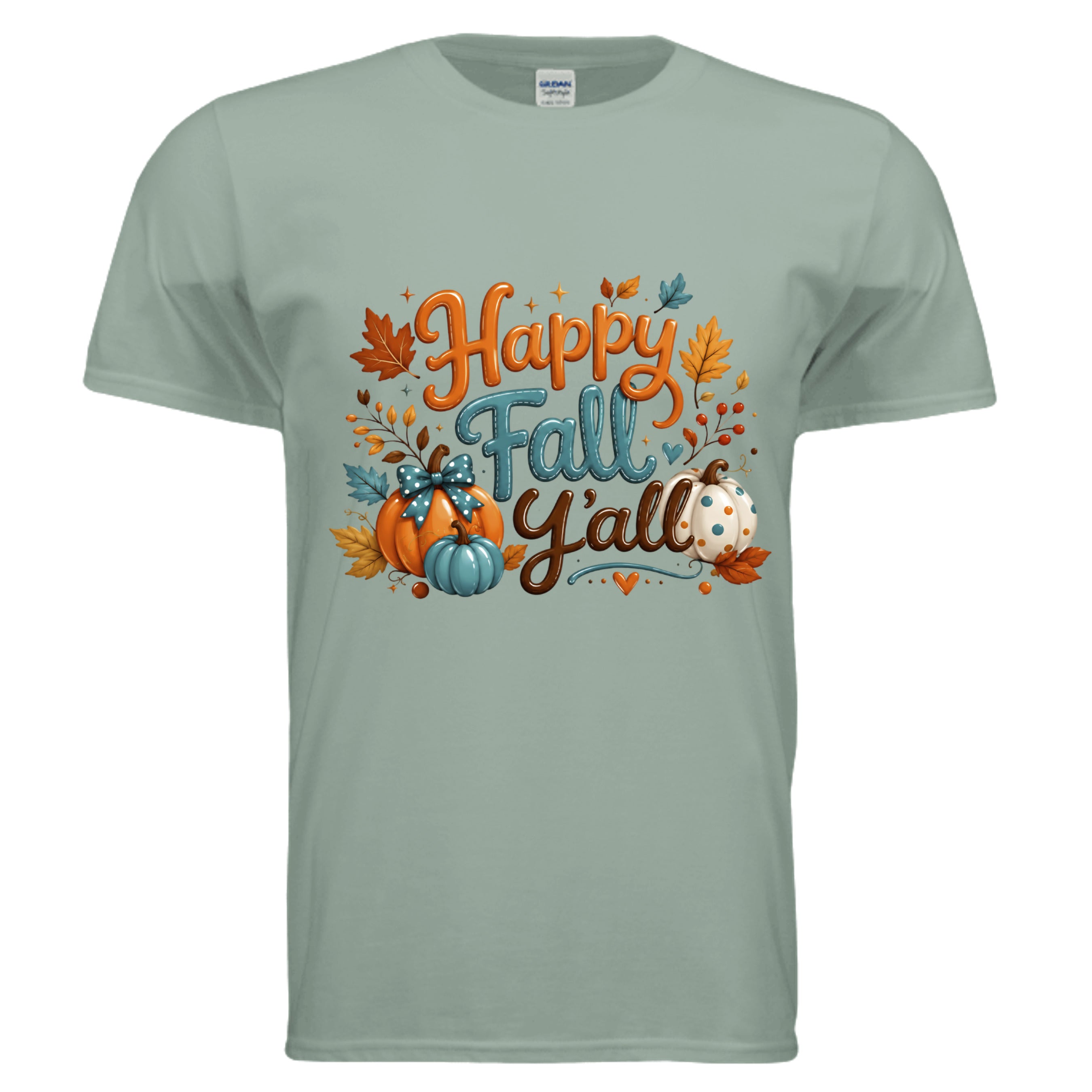 Happy Fall graphic tee in sage color with vibrant pumpkin and leaf design for casual fall outings.