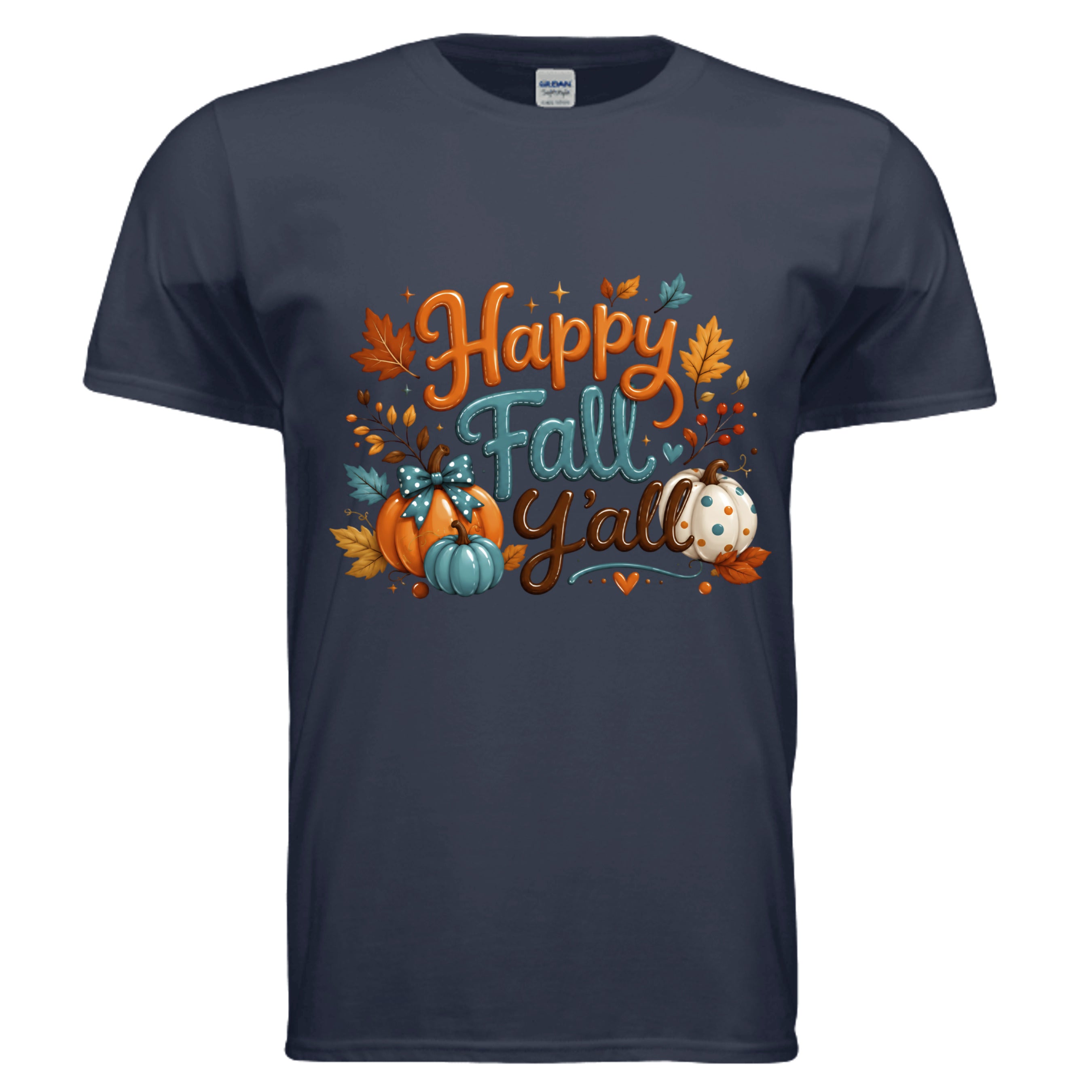 Happy Fall graphic tee in navy color featuring vibrant fall graphics and pumpkins, perfect for autumn outings.