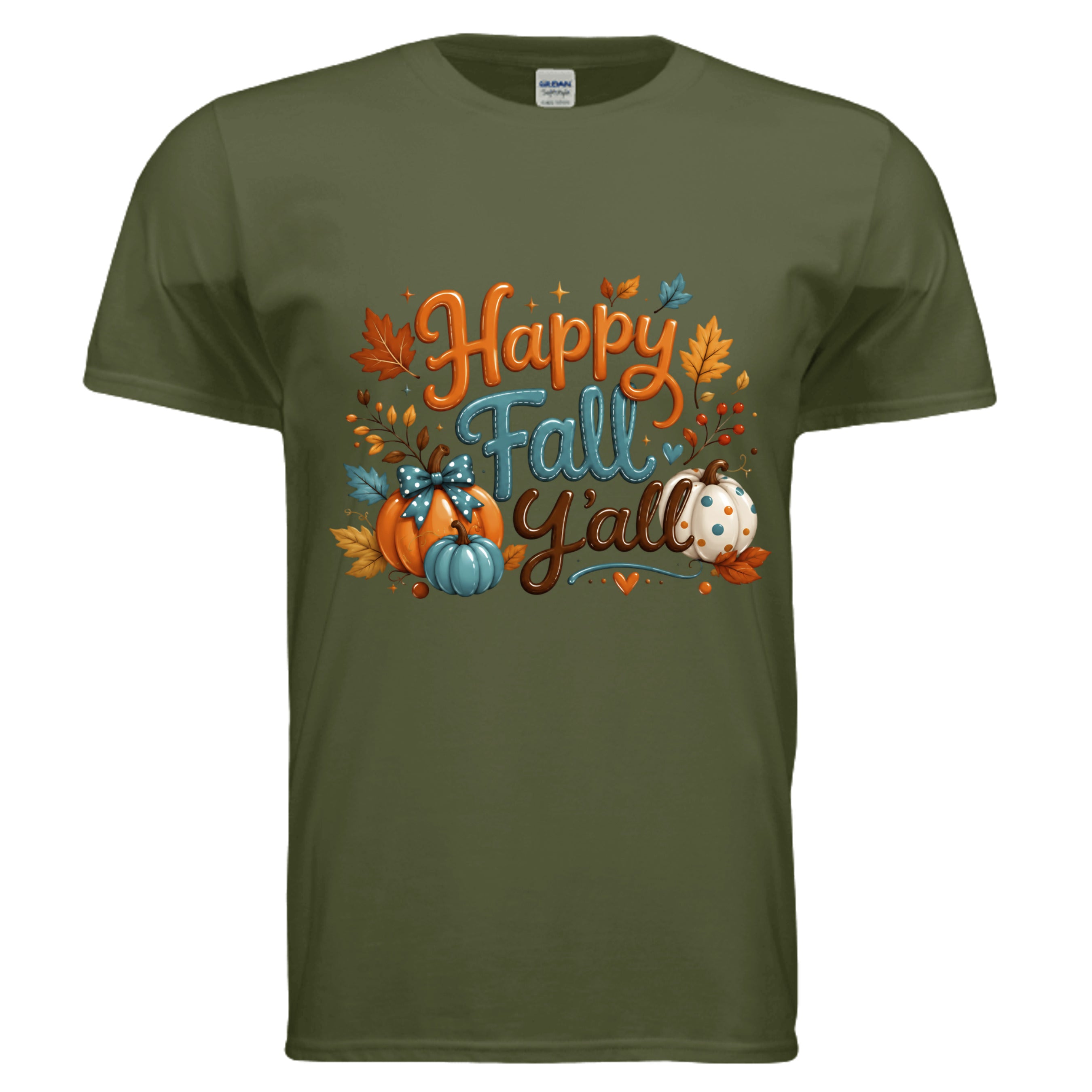 Happy Fall Tee in military green featuring vibrant fall design with pumpkins, leaves, and colorful lettering, perfect for autumn outings.