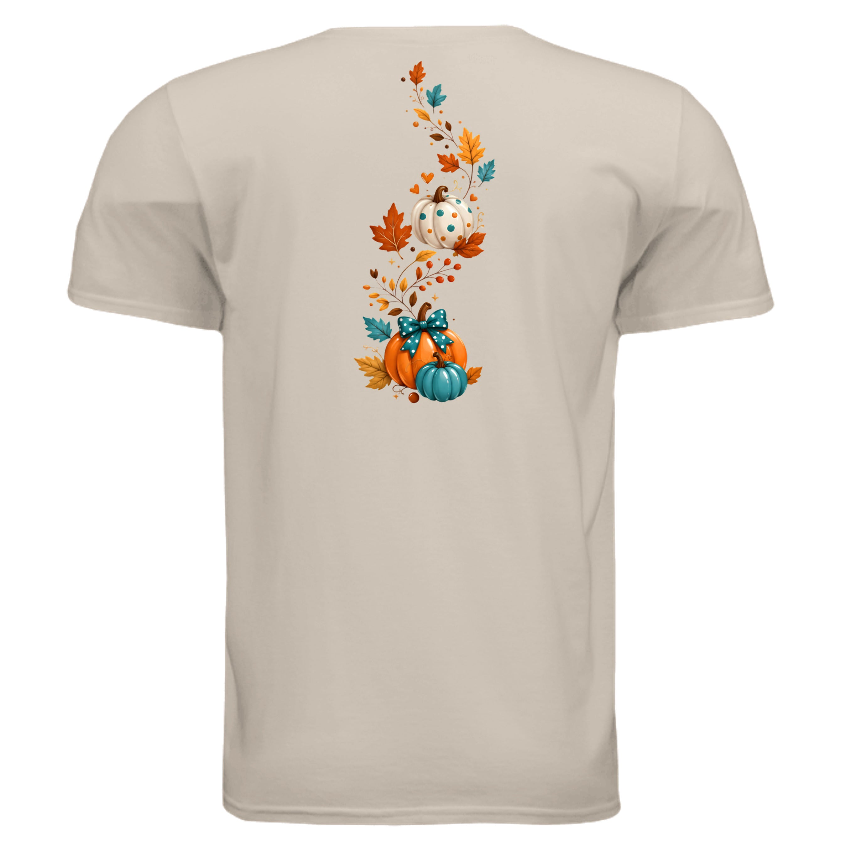 Happy Fall Tee featuring a vibrant happy fall graphic t-shirt design with pumpkins and autumn leaves on the back.