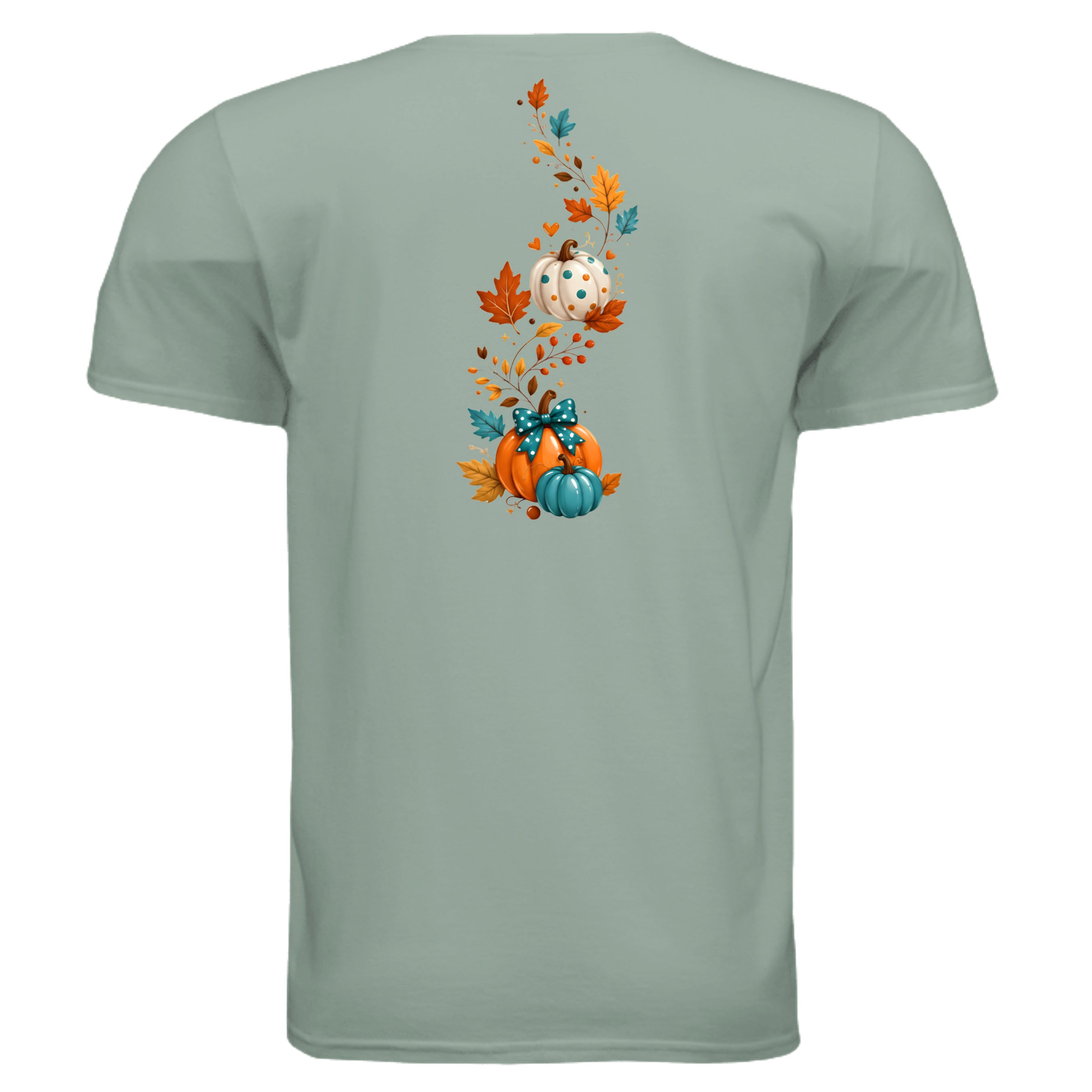 Back design of a happy fall graphic t-shirt featuring autumn leaves and pumpkins in vibrant colors.