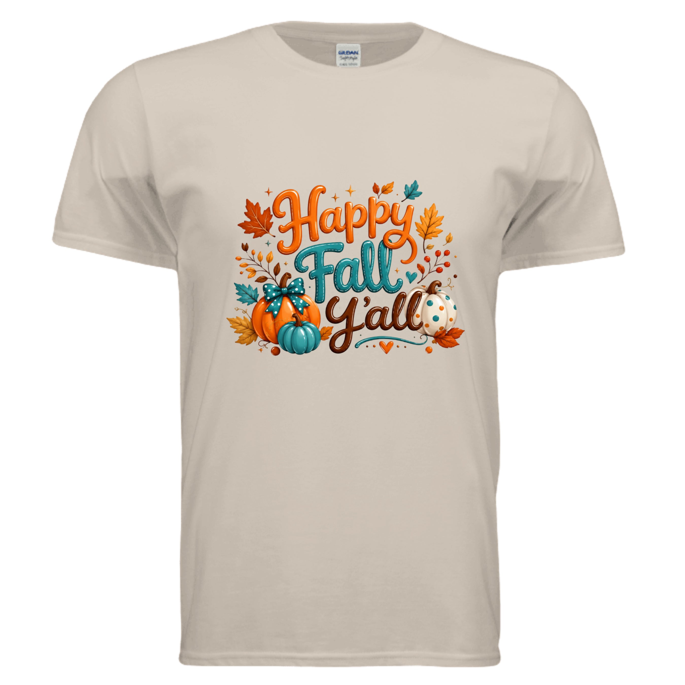 Happy Fall graphic t-shirt in sand color with vibrant autumn-themed design on the front.
