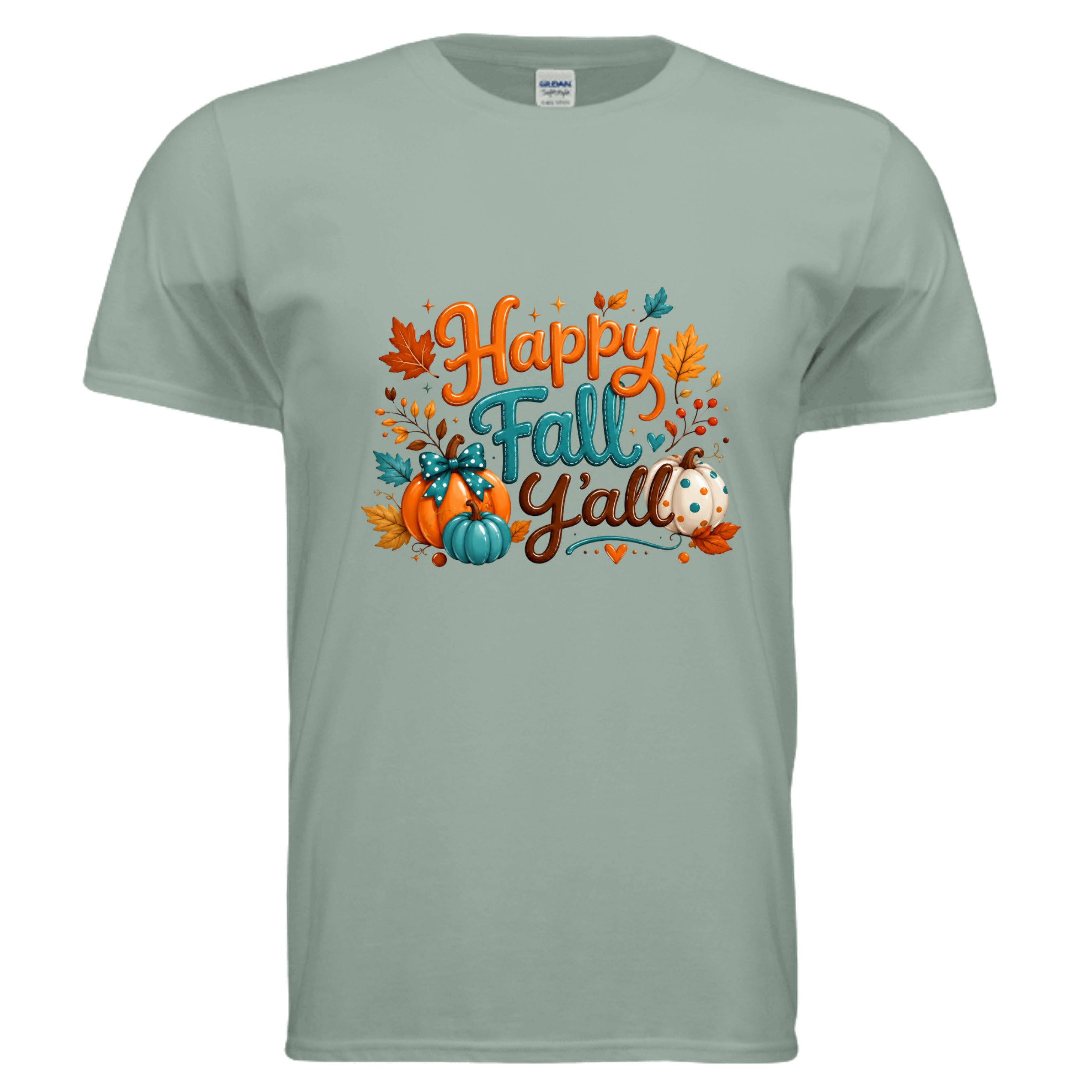 Happy Fall graphic t-shirt in sage color featuring cheerful fall-themed graphics on the front.