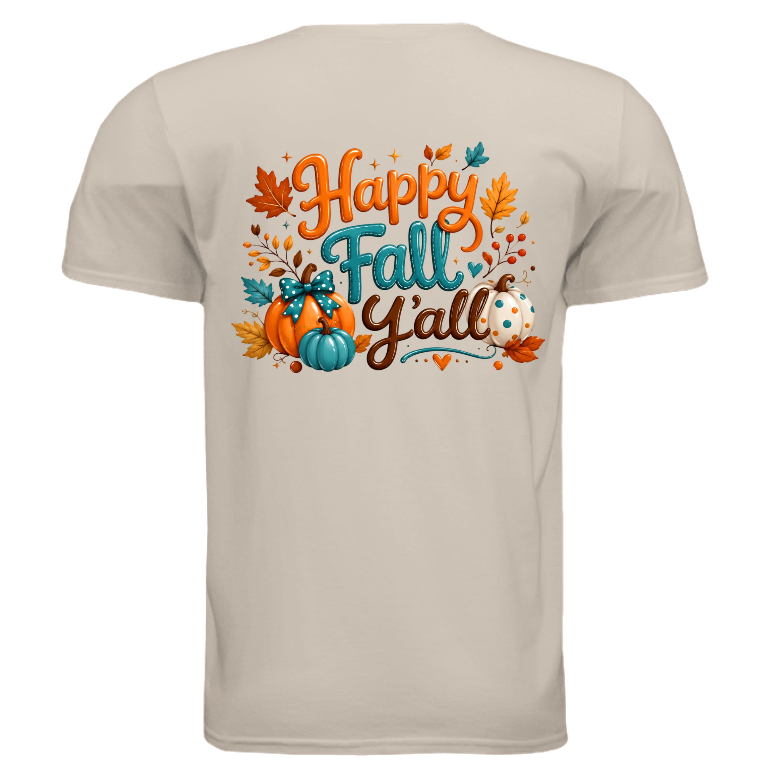 Happy Fall Tee with pumpkins and leaves full back graphic celebrating autumn, perfect for fall graphic t-shirt lovers.