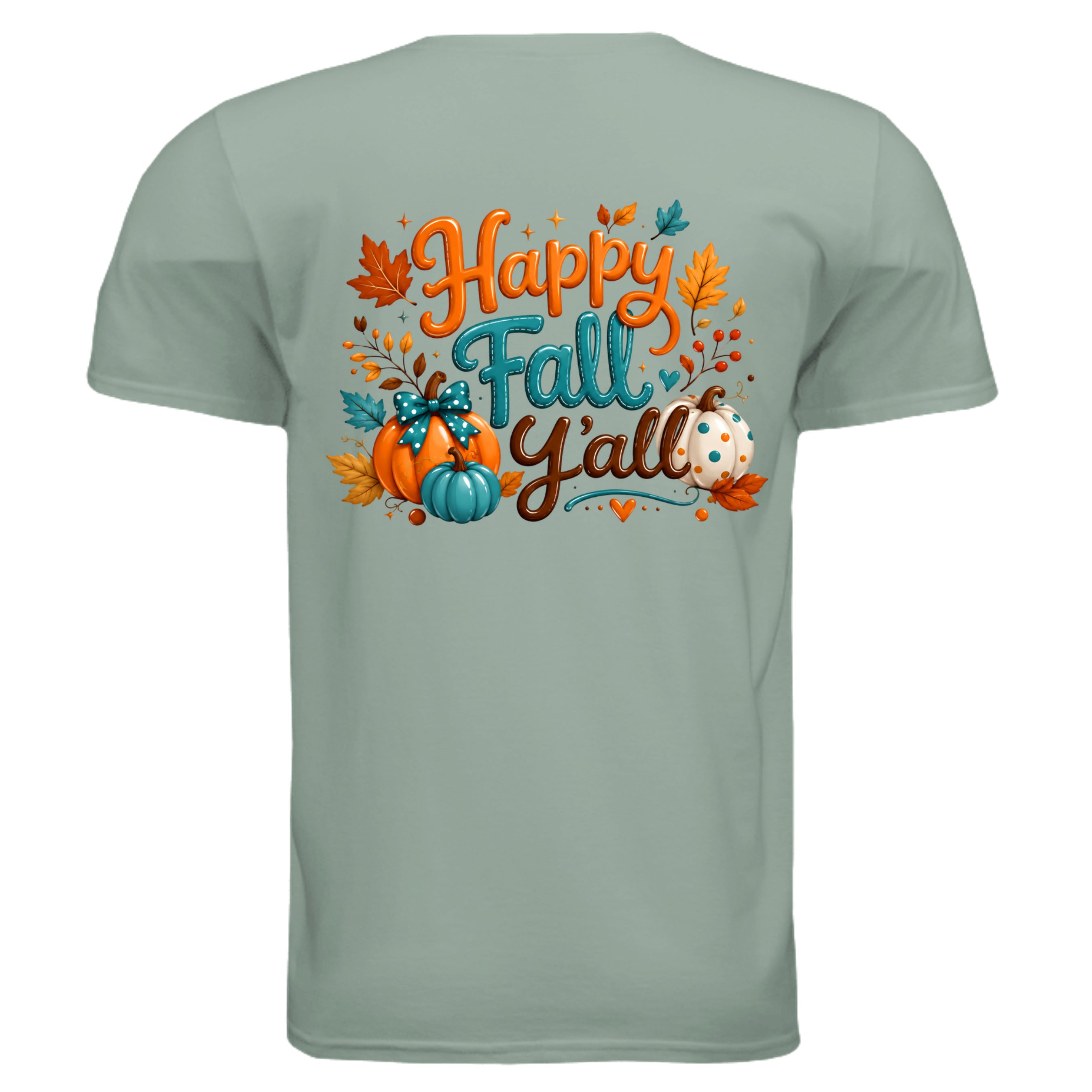 Happy Fall Tee featuring a fall graphic t-shirt design with pumpkins and autumn leaves.