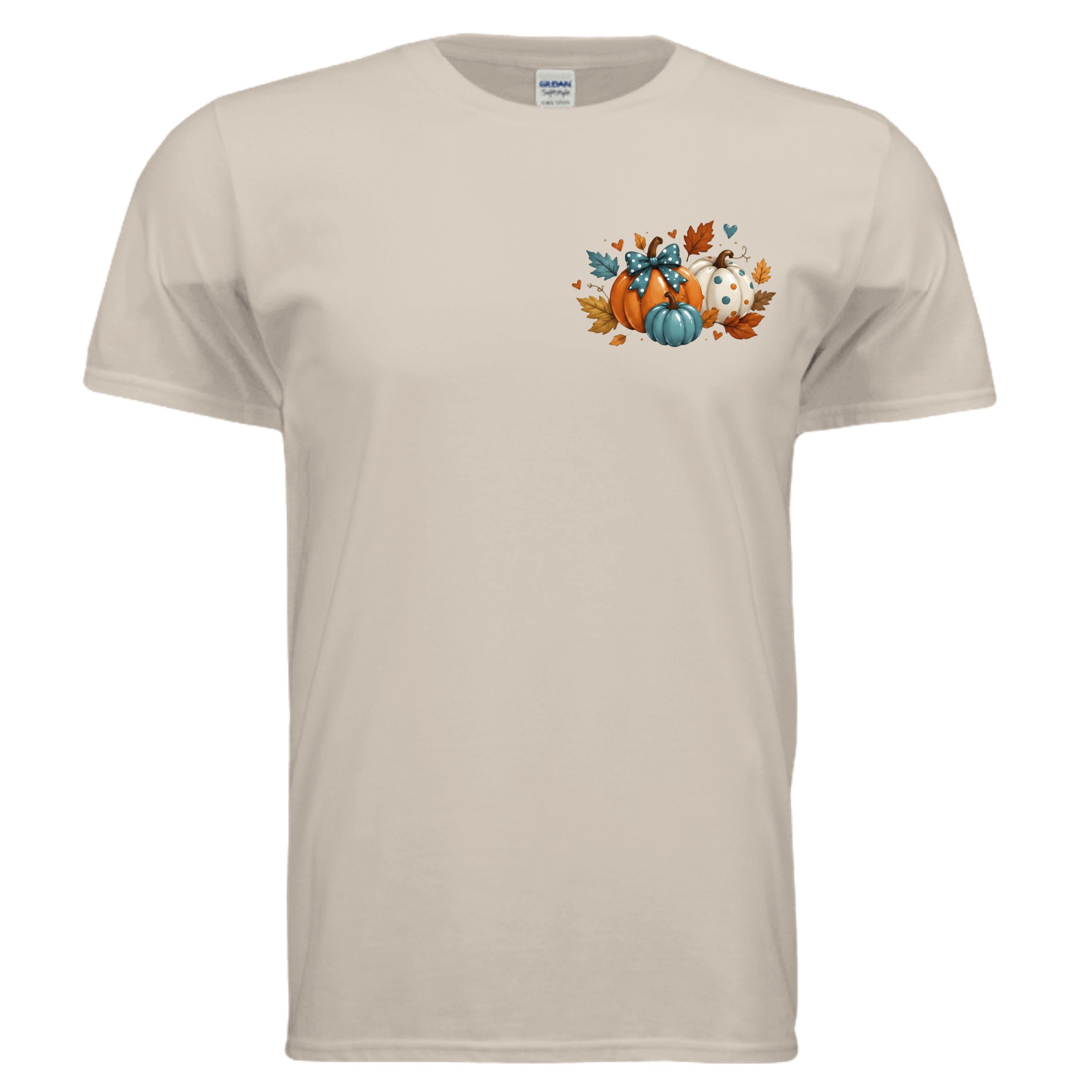 Happy Fall Tee in sand color featuring a pocket graphic of pumpkins and leaves, perfect fall graphic t-shirt.