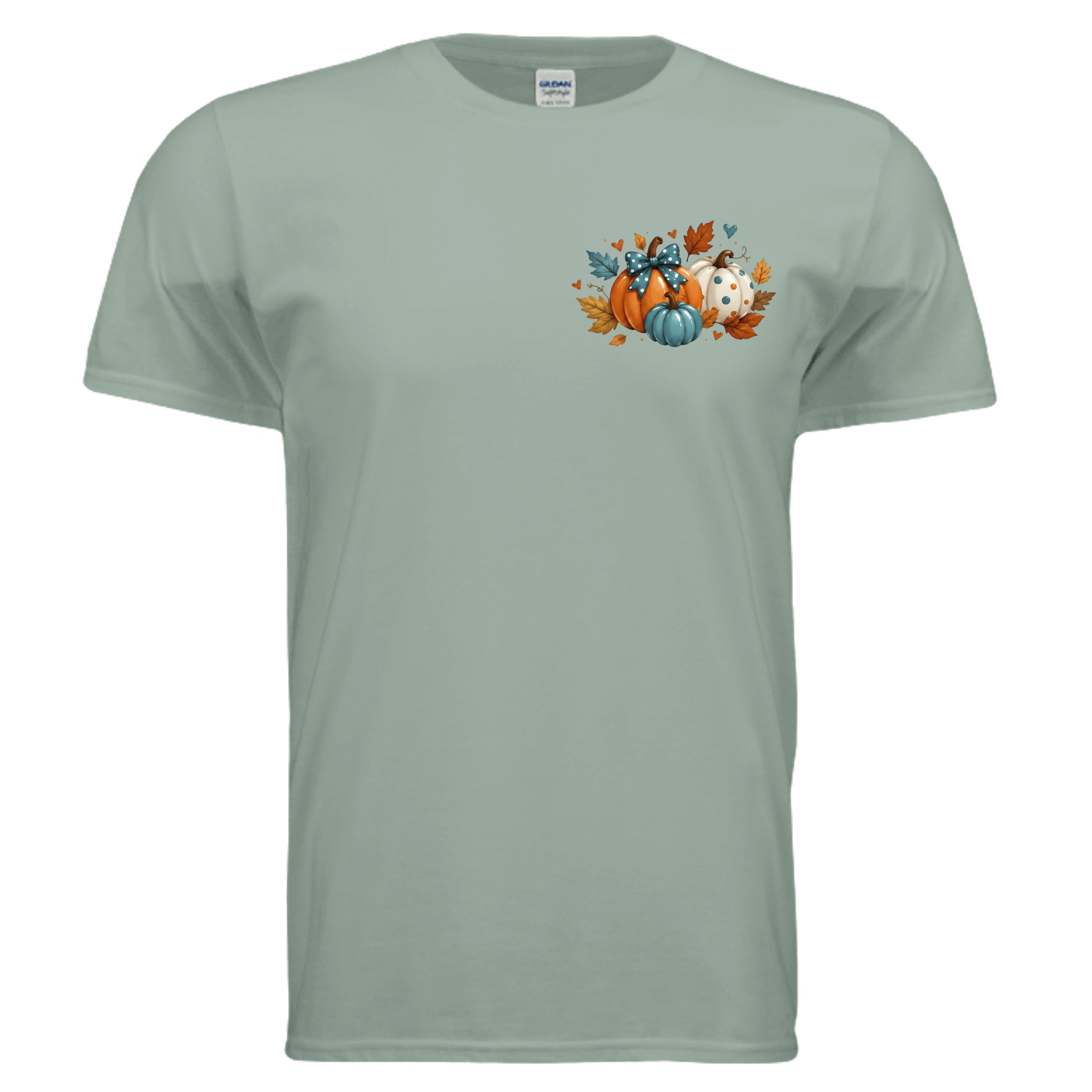 Happy Fall Tee in sage featuring fall graphic t-shirt with pumpkins and leaves design on front.