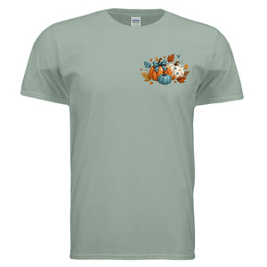 Happy Fall Tee in sage featuring fall graphic t-shirt with pumpkins and leaves design on front.