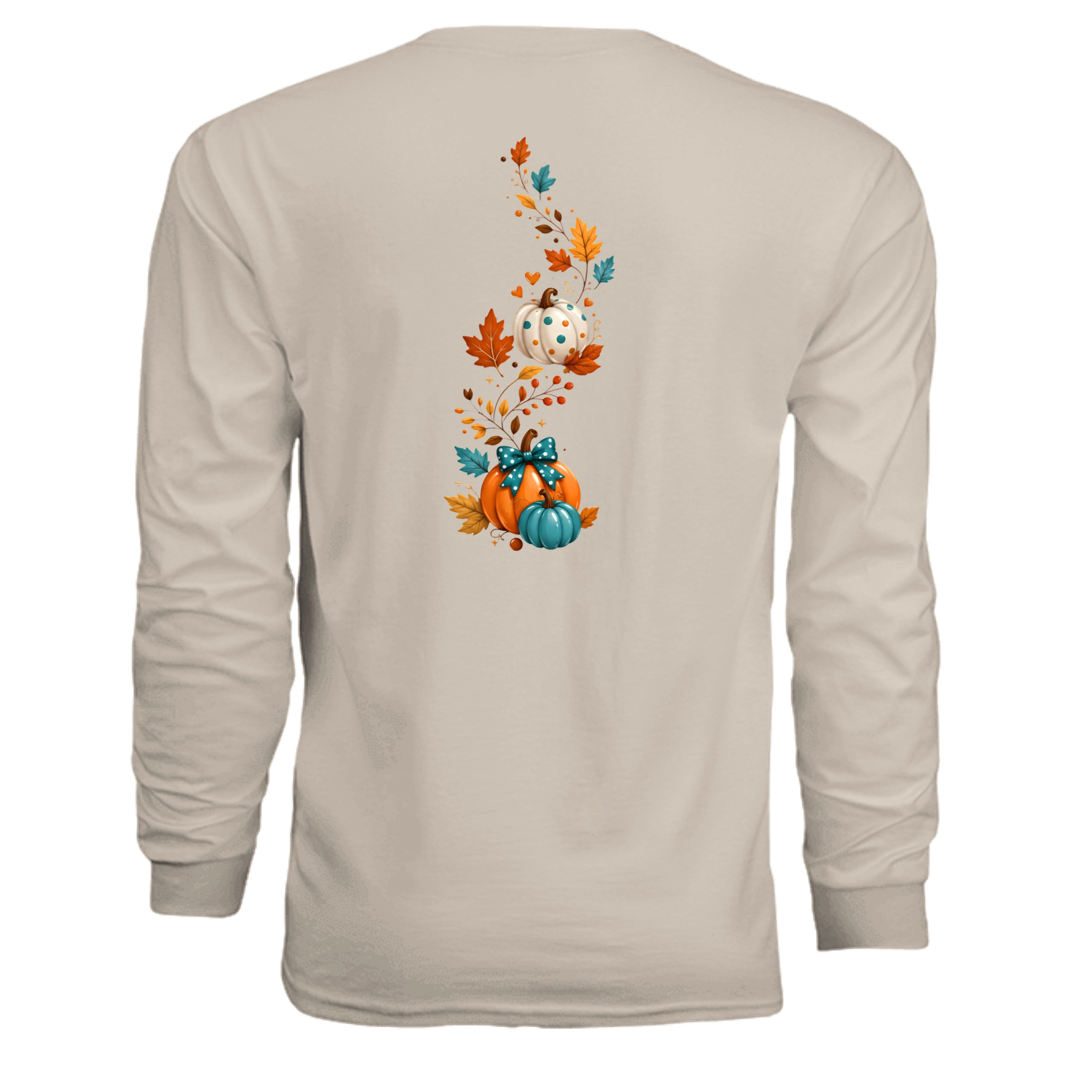 Happy Fall Long Sleeve Tee featuring whimsical pumpkin and leaf graphics on the back.