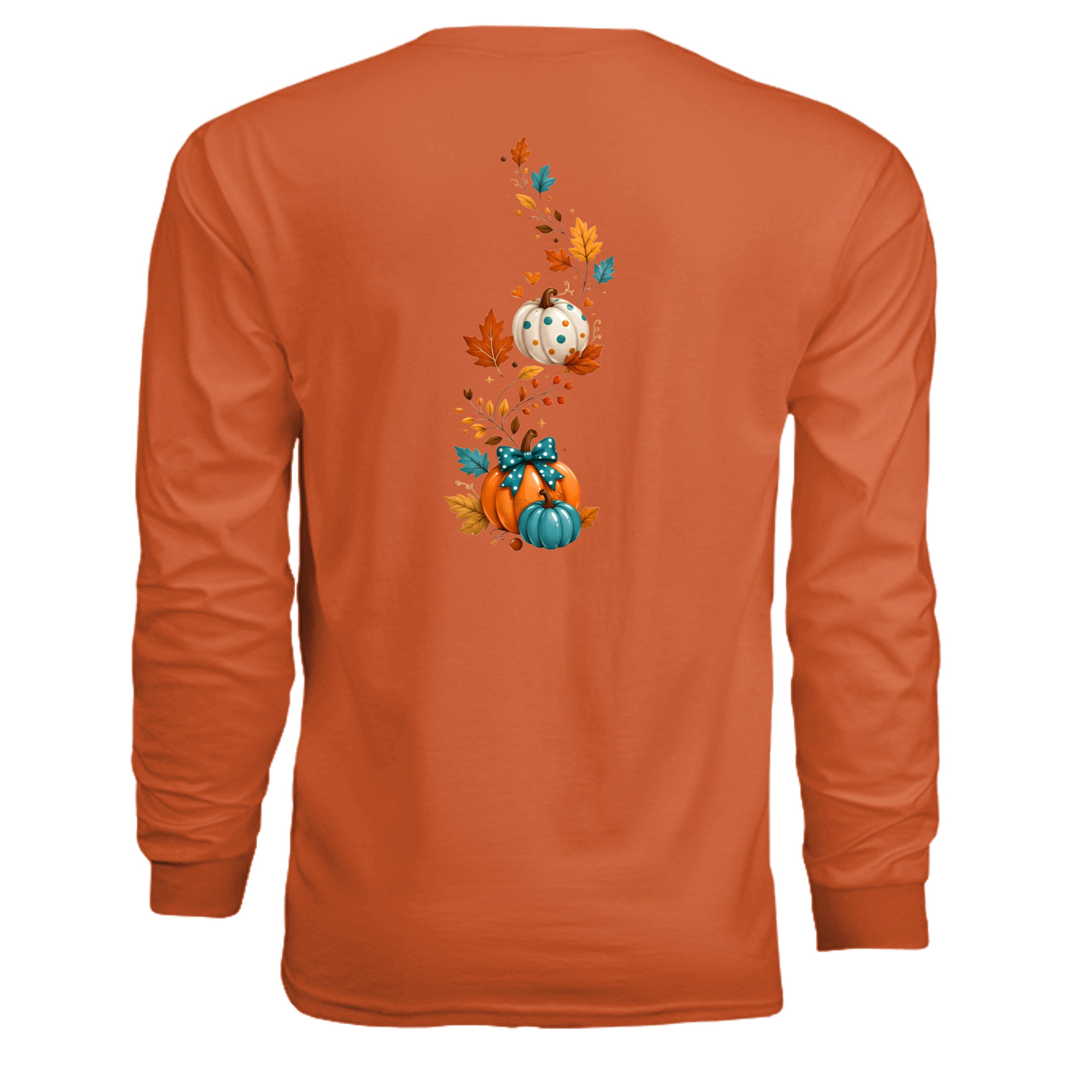 Happy Fall Long Sleeve Tee back graphic featuring pumpkins and colorful leaves in autumn colors.