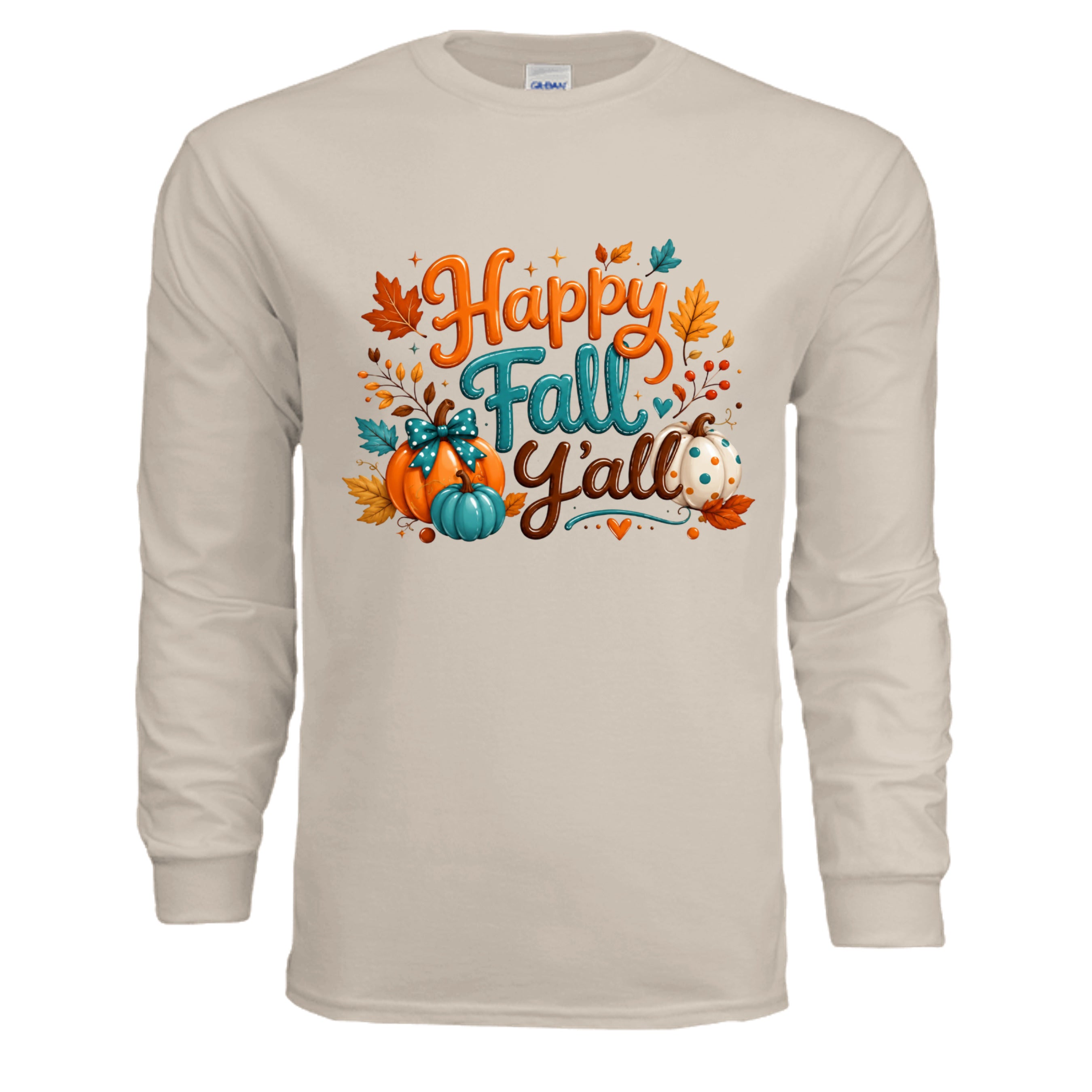 Happy Fall Long Sleeve Tee in sand color featuring vibrant autumn graphics on front and back.