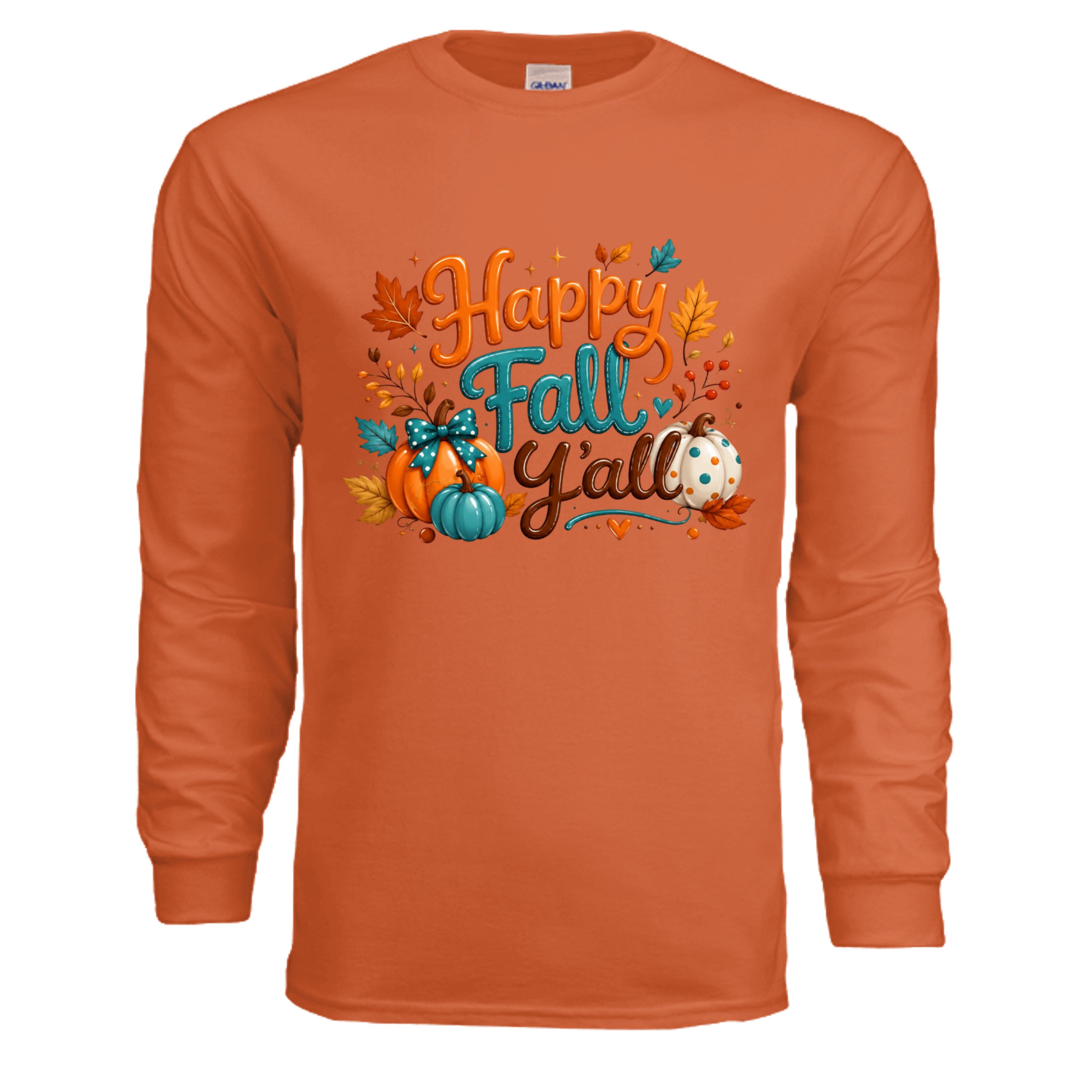 Happy Fall Long Sleeve Tee in orange with whimsical front graphics celebrating autumn.