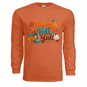 Happy Fall Long Sleeve Tee in orange with whimsical front graphics celebrating autumn.