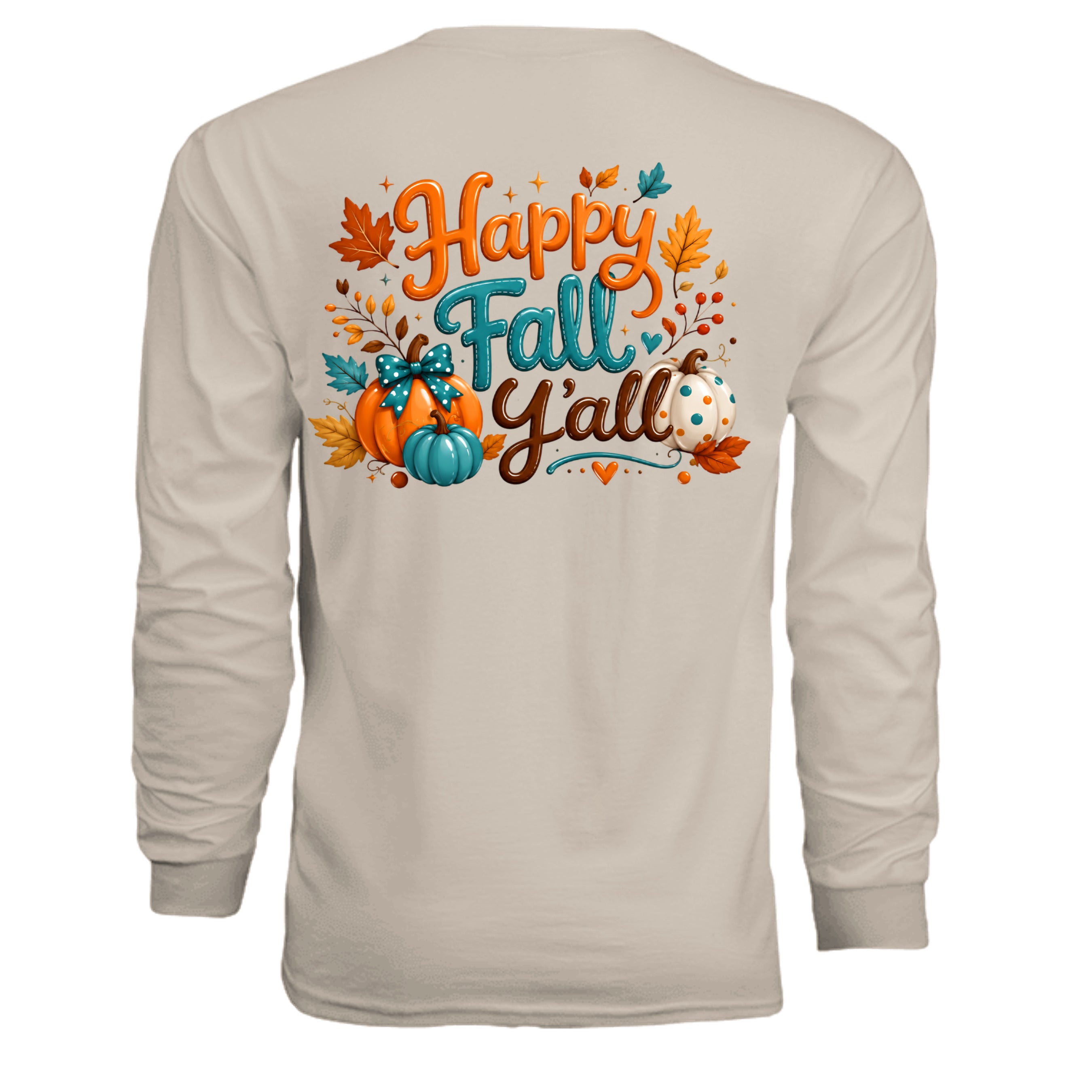 Happy Fall Long Sleeve Tee with pocket design featuring colorful graphics of pumpkins and leaves on the back.