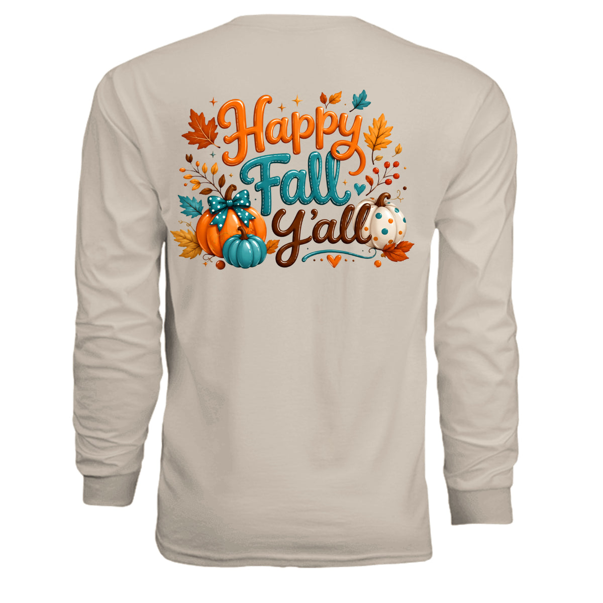 Happy Fall Long Sleeve Tee with pocket design featuring colorful graphics of pumpkins and leaves on the back.