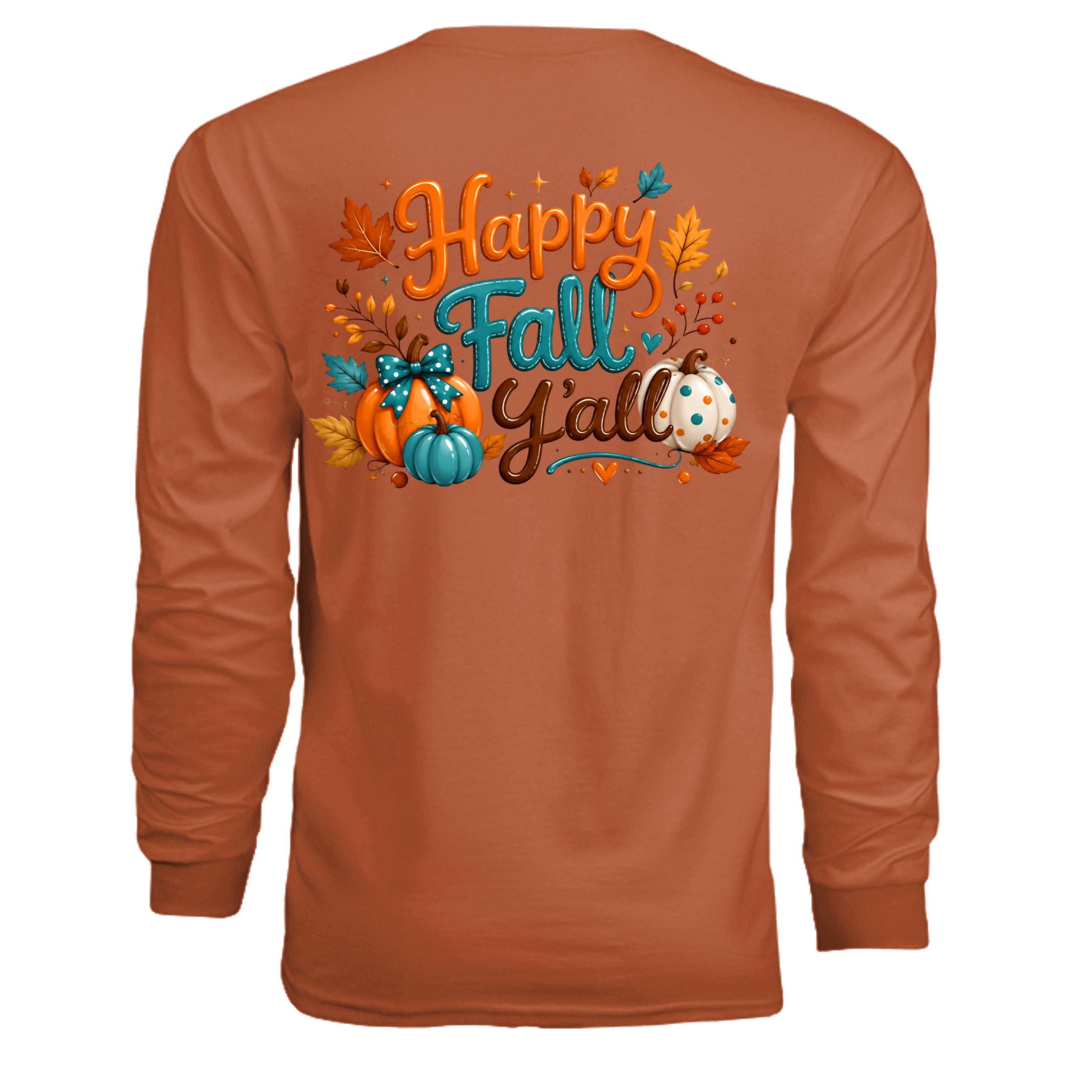 Happy Fall Long Sleeve Tee with pocket design featuring colorful autumn graphics on back.
