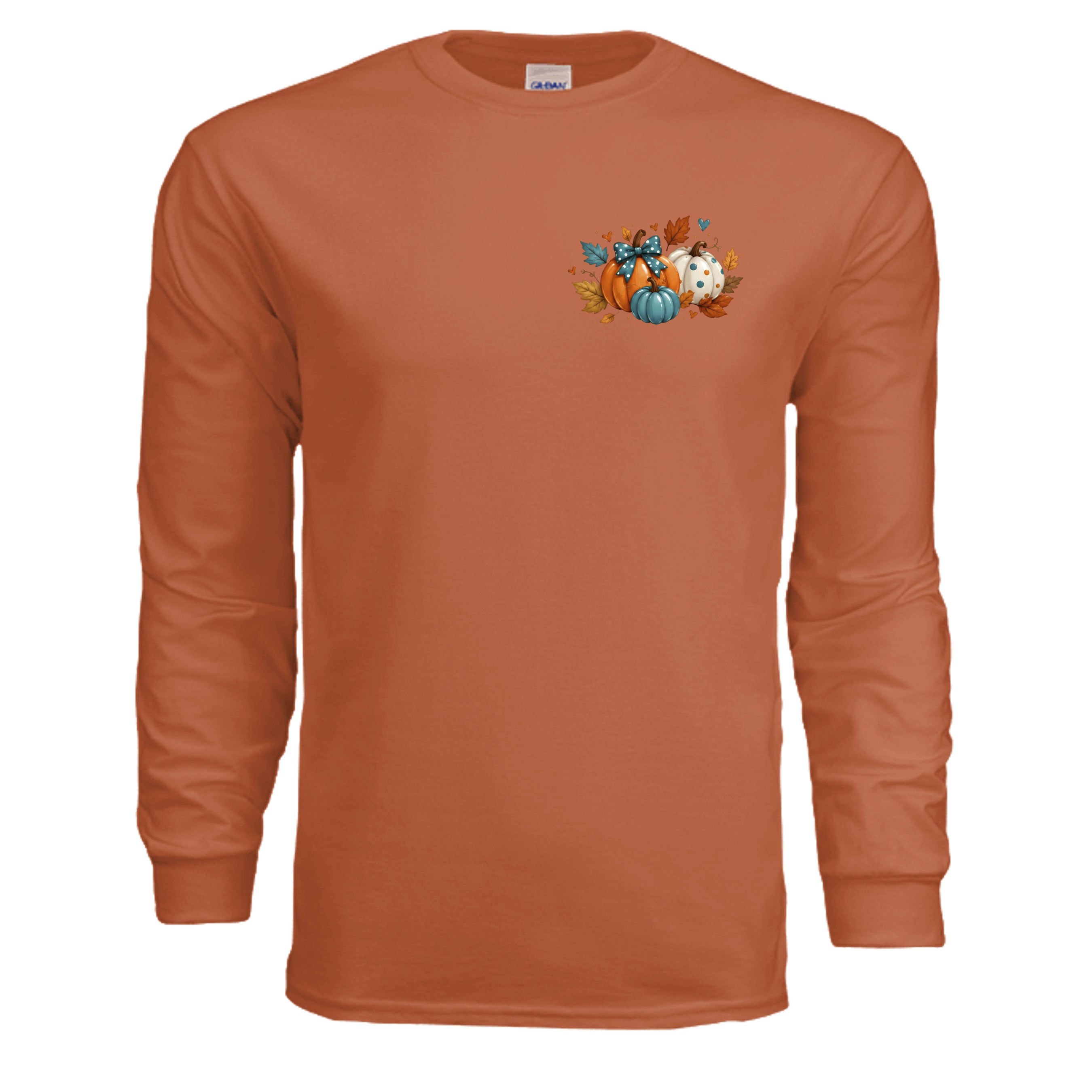 Happy Fall Long Sleeve Tee with pocket design in Texas orange featuring pumpkin graphic on front.