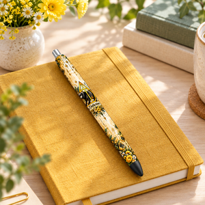 Pen in a bright floral workspace