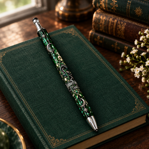 Pen on an emerald notebook in a moody reading nook