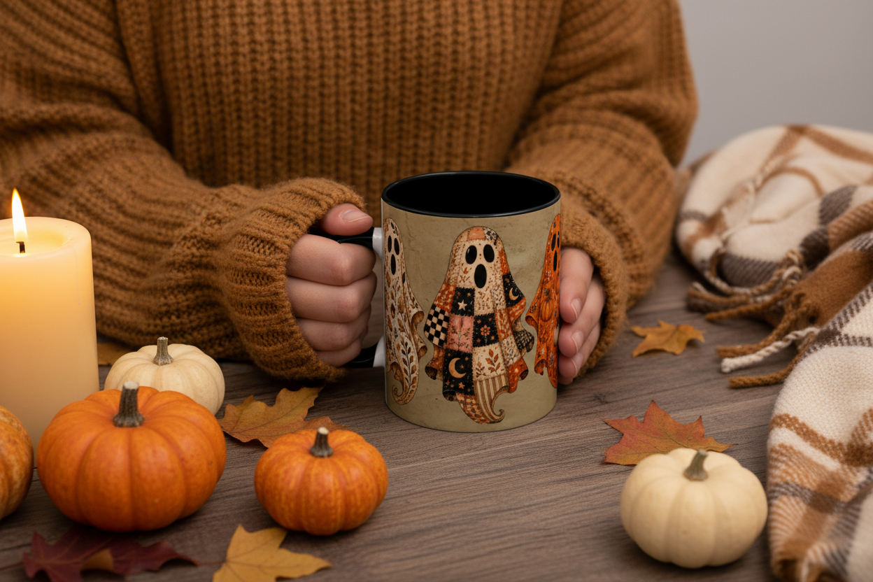 Preppy Ghost Patchwork Mug Lifestyle