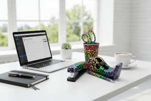 Rainbow Cheetah print Glitter Desk Accessories on office desk