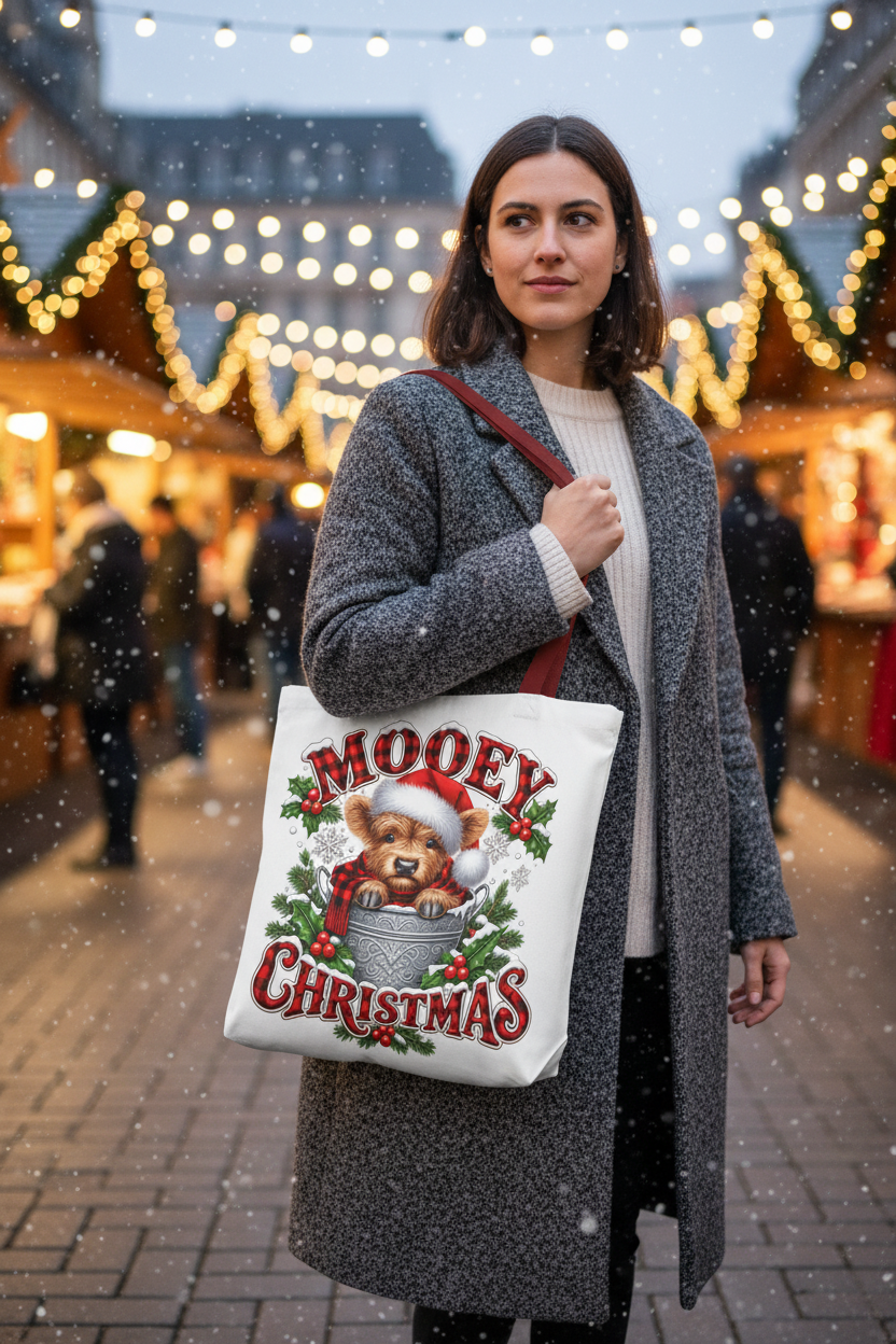 Woman carrying the Mooey Christmas tote at a Christmas market