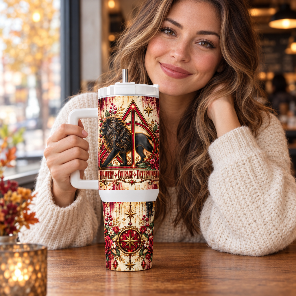 Woman holding the tumbler in a cozy café
