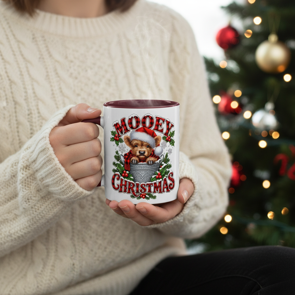 Woman in a knit sweater holding the Mooey Christmas mug by the tree